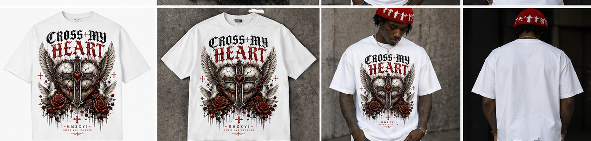 Cross My Heart gothic Eternal Love tee mockup, flat lay and model photos