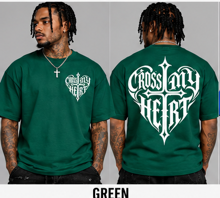 Cross My Heart green tee front and back on models