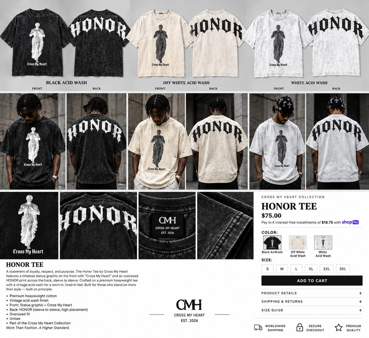Cross My Heart Honor Tee in black, off-white and white acid wash