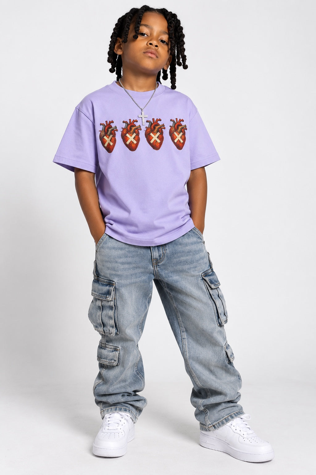 Child model wearing the CMH Kids Lavender Four Hearts Tee