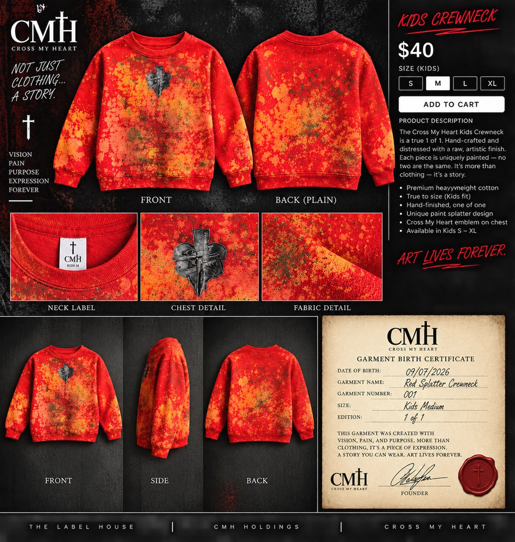 CMH Kids Red Splatter Crewneck product details and birth certificate