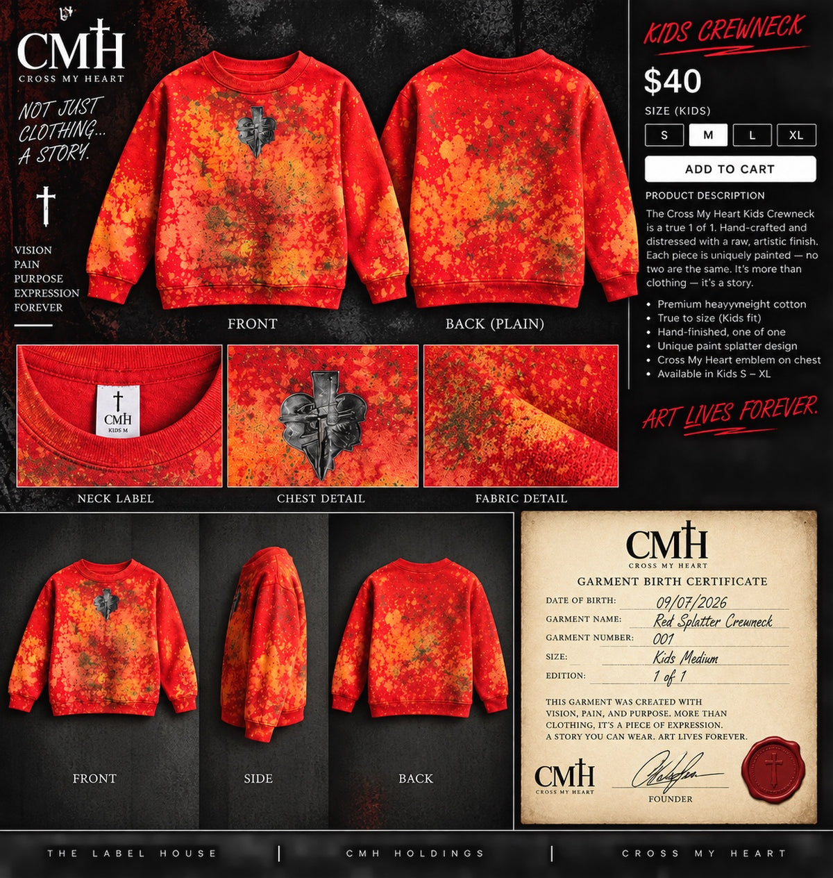 CMH Kids Red Splatter Crewneck product details and birth certificate