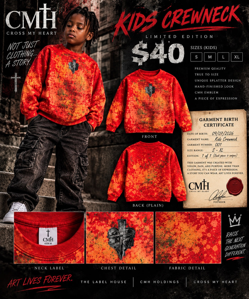 CMH Kids Red Splatter Crewneck story and garment certificate