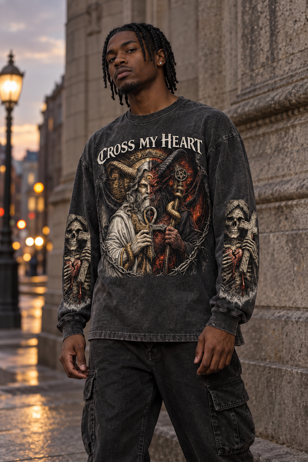 Male model wearing Cross My Heart Light and Darkness Relic charcoal long sleeve outdoors