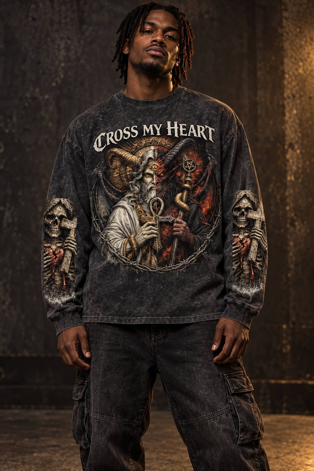 Male model wearing Cross My Heart Light and Darkness Relic charcoal long sleeve in studio