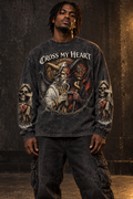 Male model wearing Cross My Heart Light and Darkness Relic charcoal long sleeve in studio