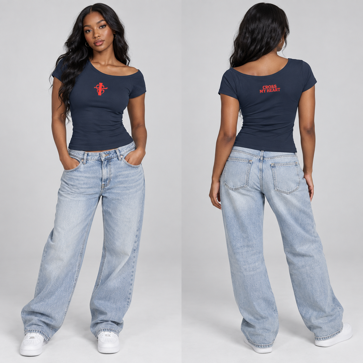 Navy Cross My Heart asymmetric-neck tee model front and back
