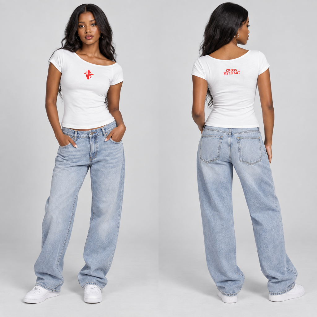 White Cross My Heart asymmetric-neck tee model front and back