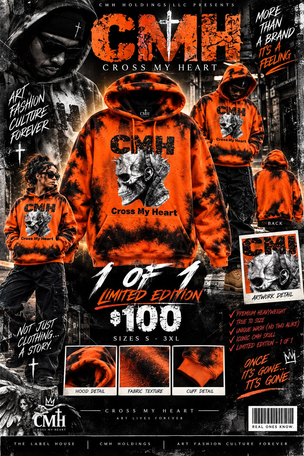 Cross My Heart orange and black washed 1 of 1 heavyweight hoodie