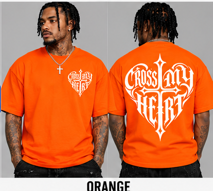 Cross My Heart orange tee front and back on models