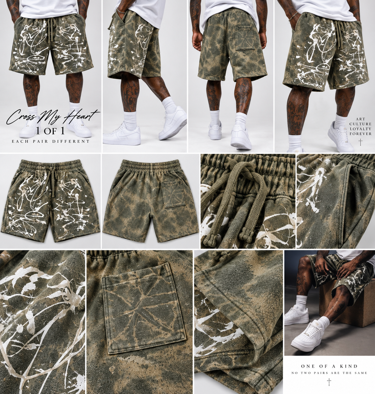 Cross My Heart painted shorts model lifestyle and detail views