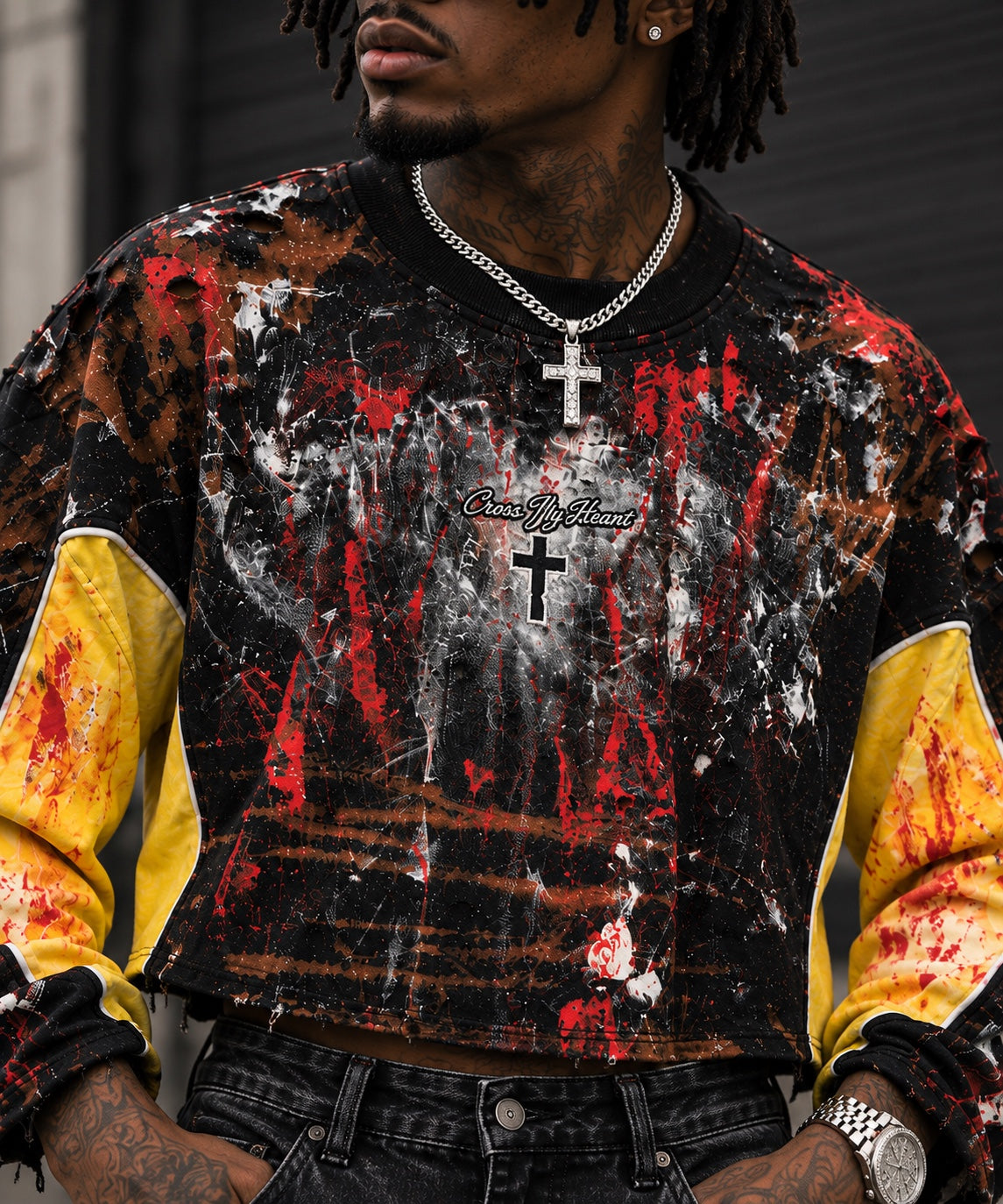 Close-up of Cross My Heart Painter’s Canvas cropped long sleeve