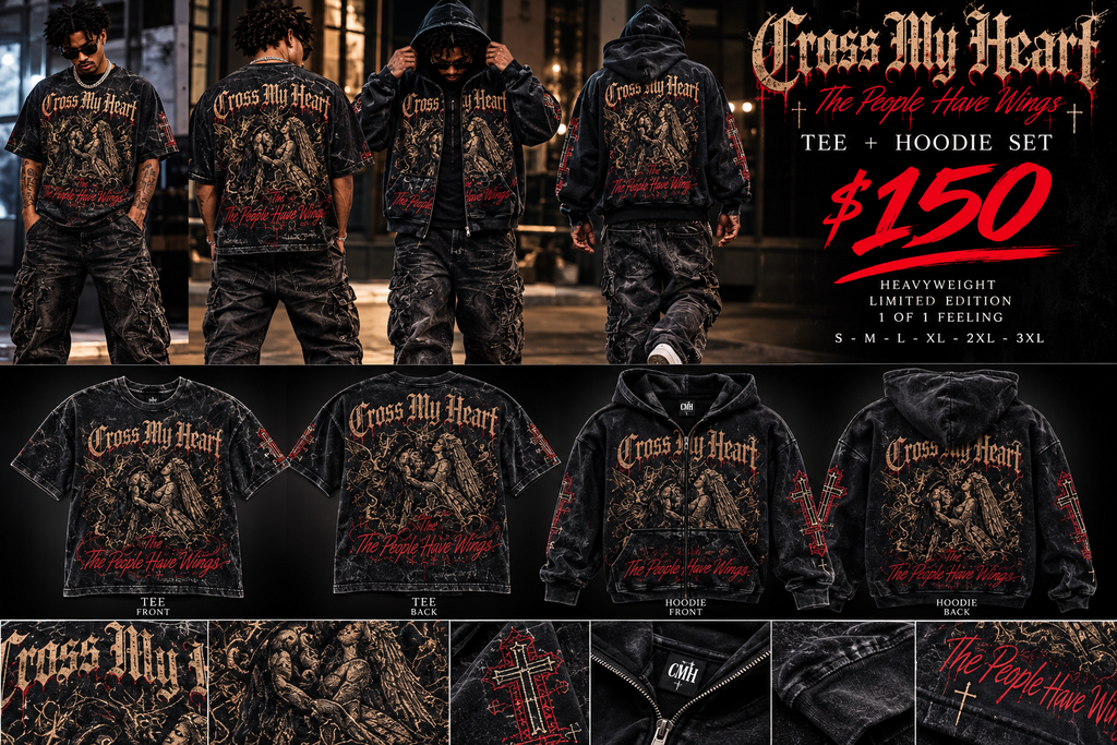 Cross My Heart The People Have Wings shirt and hoodie set model and product lookbook