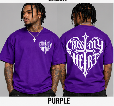 Cross My Heart purple tee front and back on models