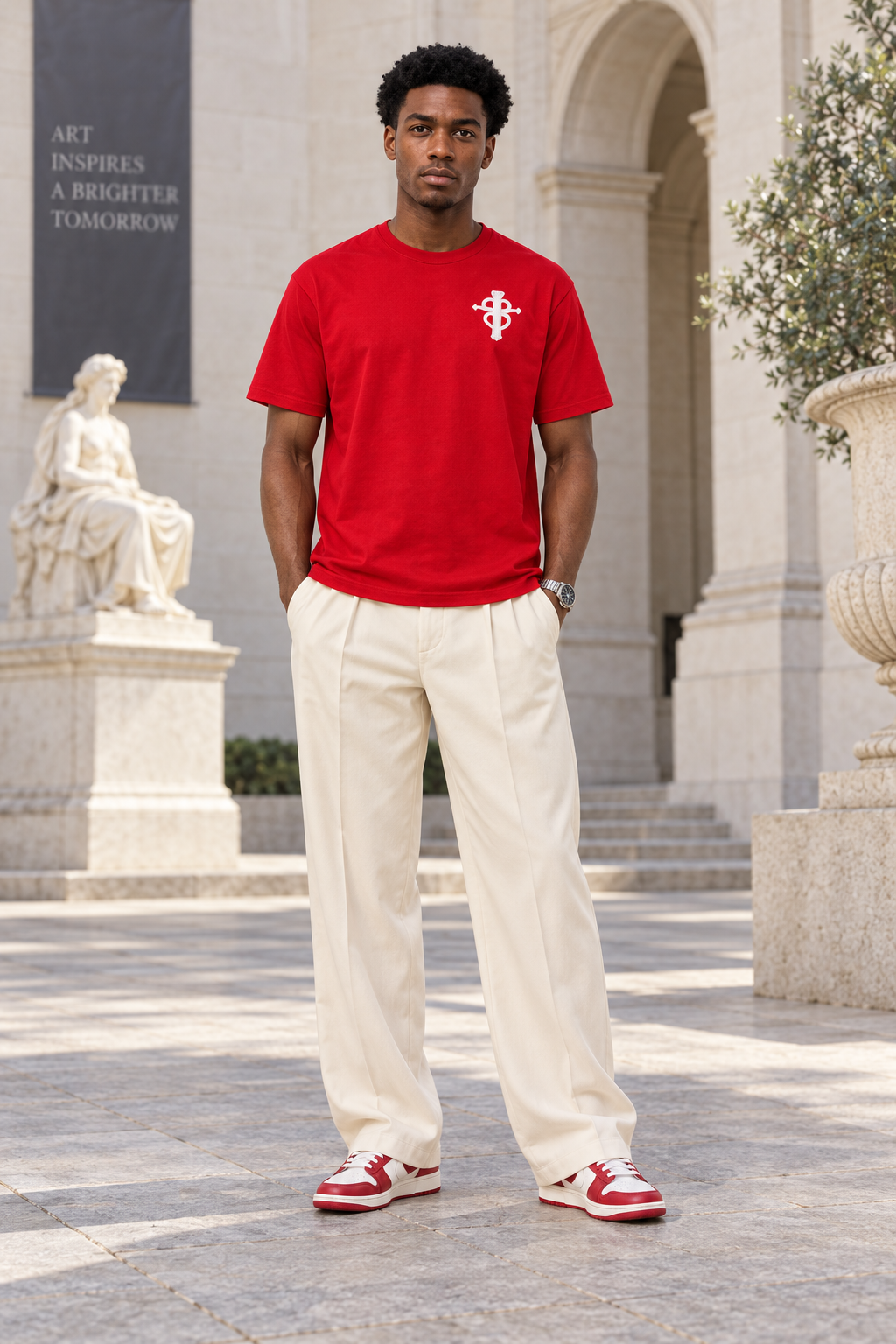 Cross My Heart red Flag Ship Mark Tee on male model