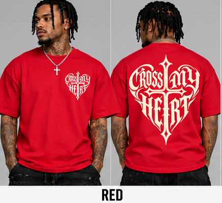 Cross My Heart red tee front and back on models