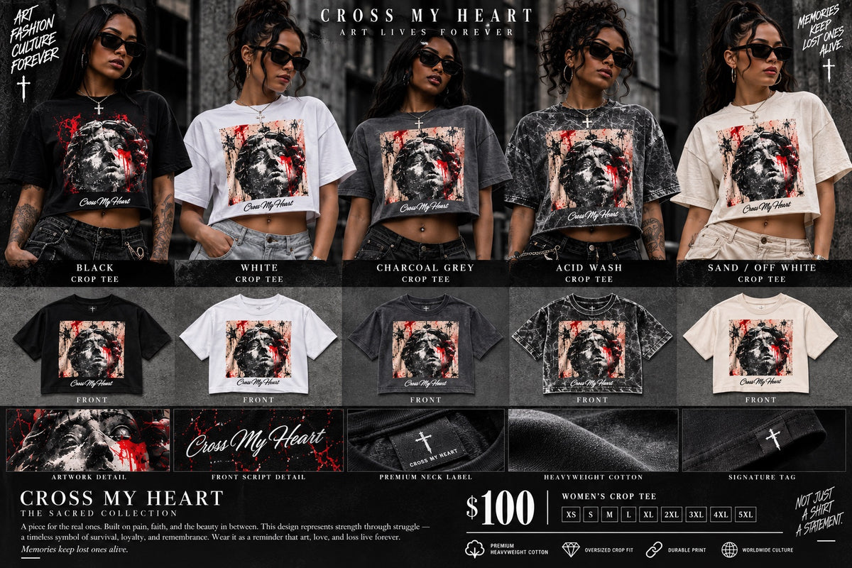 Cross My Heart Sacred Relic women's crop tee in five colorways