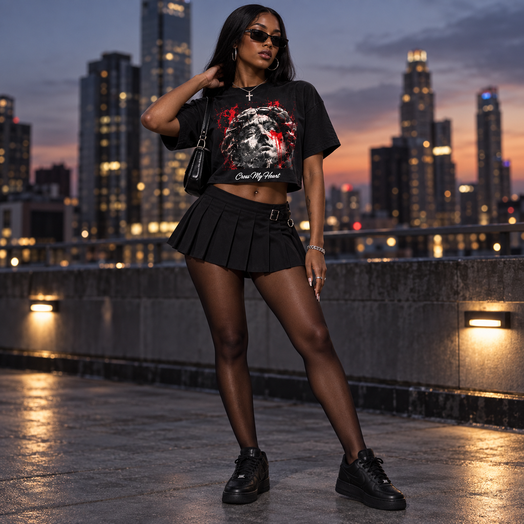 Model wearing Sacred Relic women's crop tee
