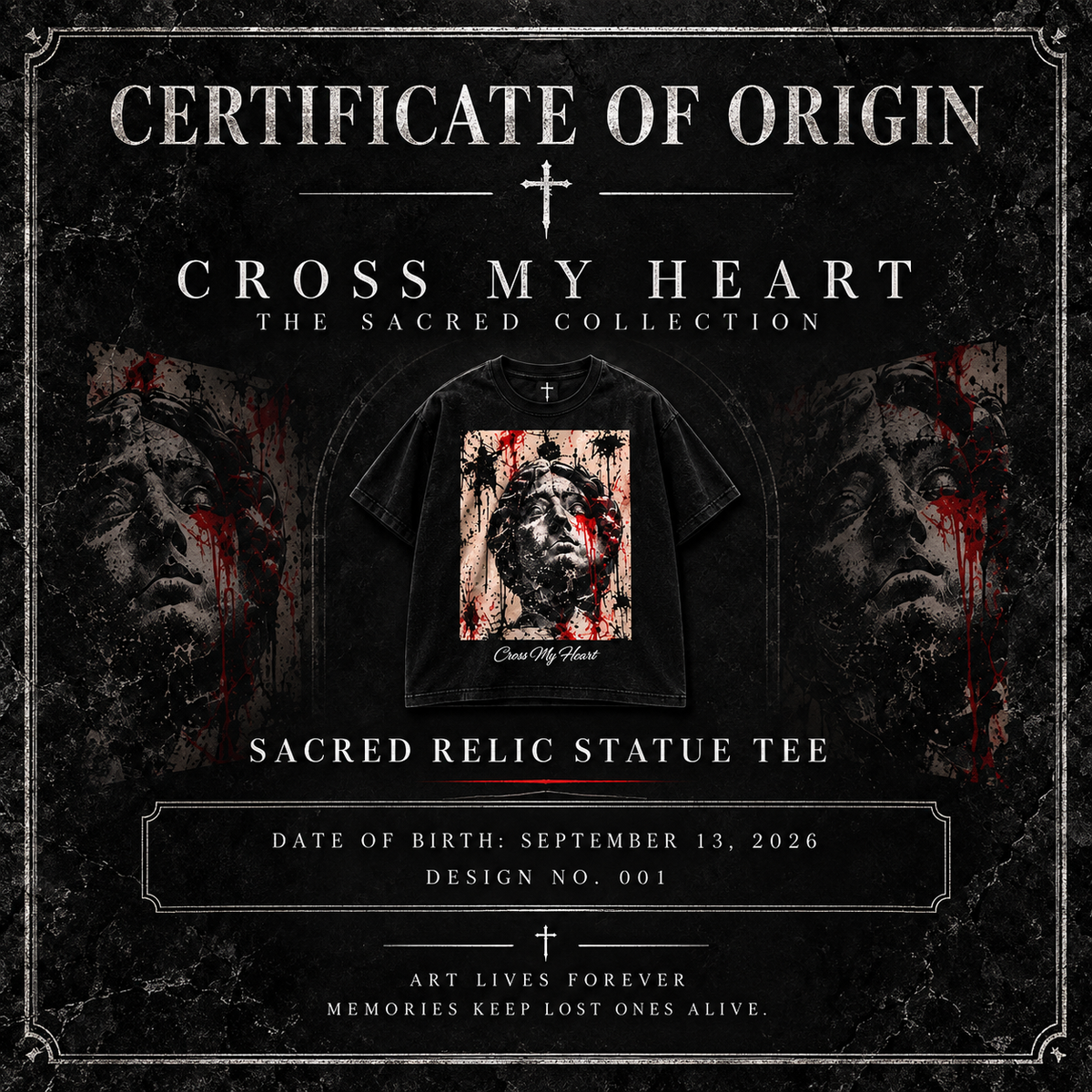 Certificate of Origin for Sacred Relic Statue Tee, Design 001
