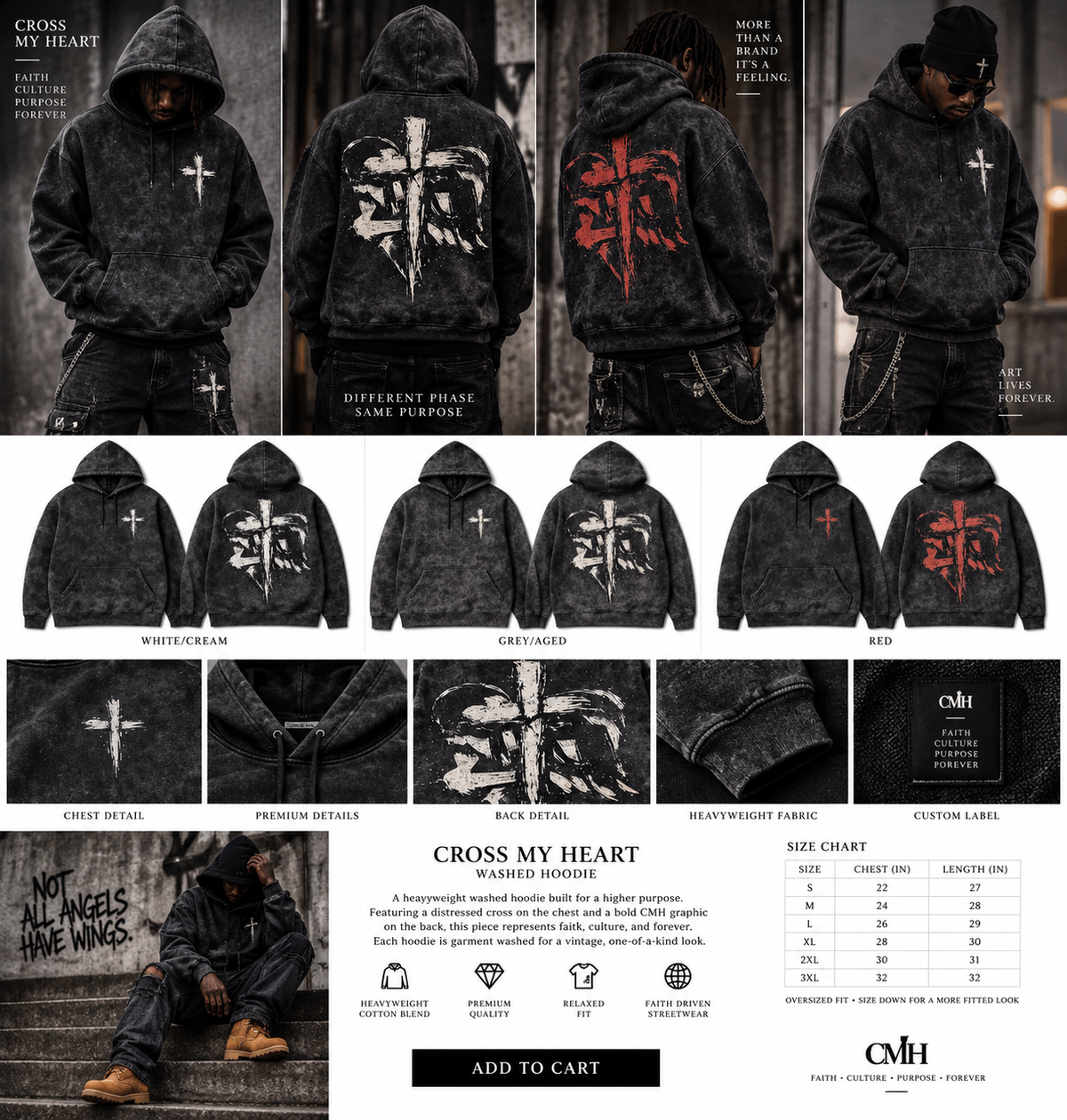 Cross My Heart Sacred Wash Hoodie model and product lookbook