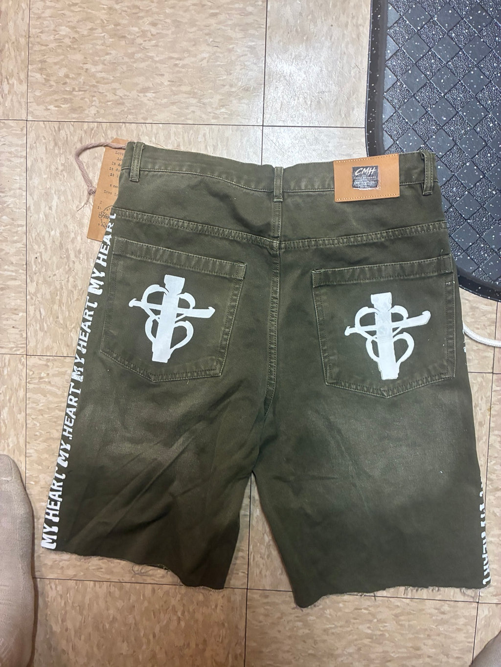 CMH olive denim shorts back
