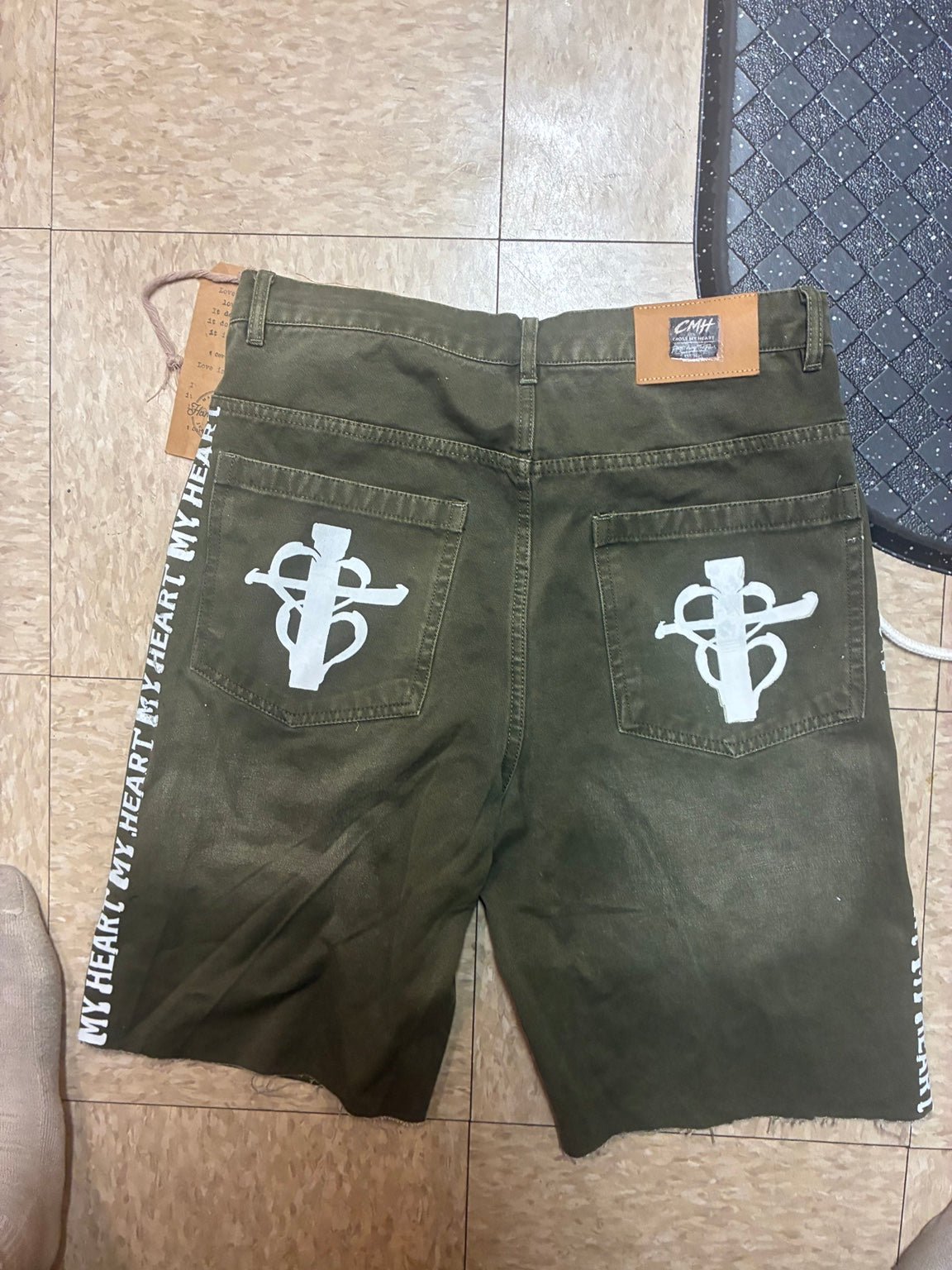 CMH olive denim shorts back