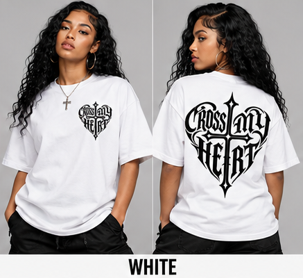 Cross My Heart white tee front and back on models