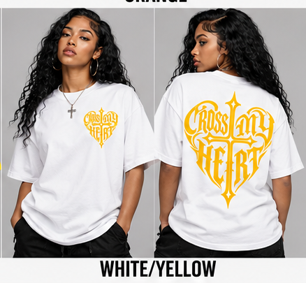 Cross My Heart white/yellow tee front and back on models