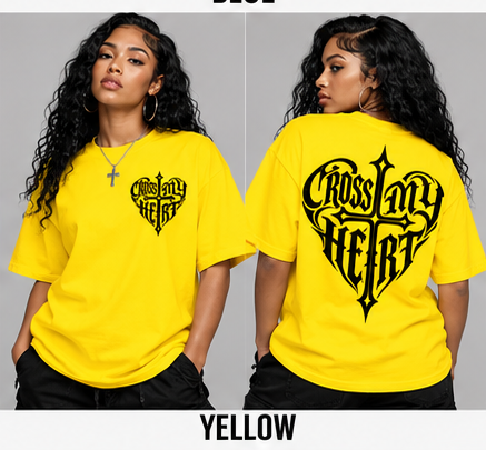 Cross My Heart yellow tee front and back on models