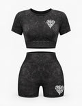 Cross My Heart black acid wash cropped top and biker shorts two-piece set