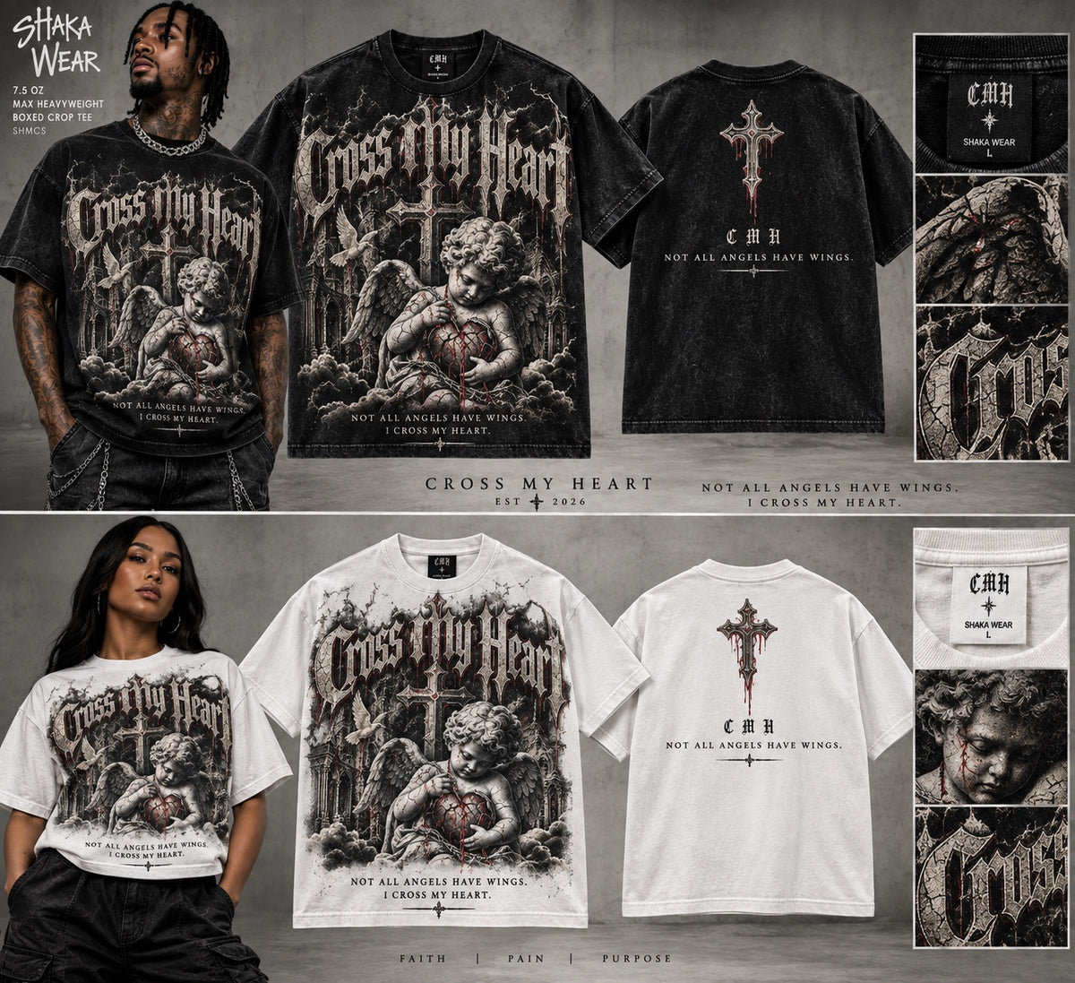 Cross My Heart Not All Angels Have Wings heavyweight tee in black and white