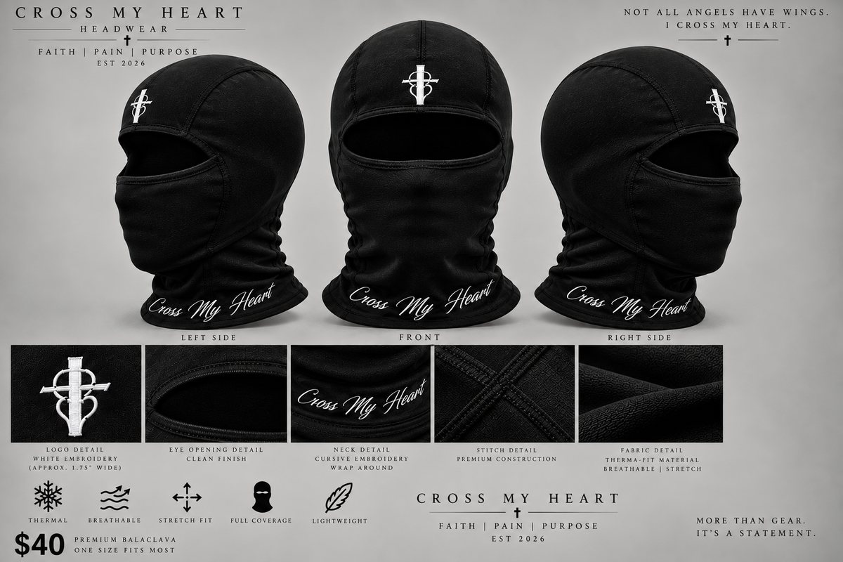 Cross My Heart black balaclava with white centered logo and cursive neck branding