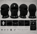 Cross My Heart black balaclava with white centered logo and cursive neck branding