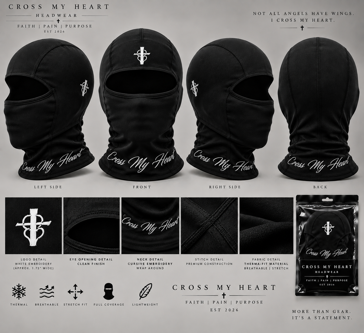 Cross My Heart black balaclava with white centered logo and cursive neck branding