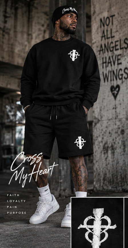 Cross My Heart black crewneck and shorts set urban model front view