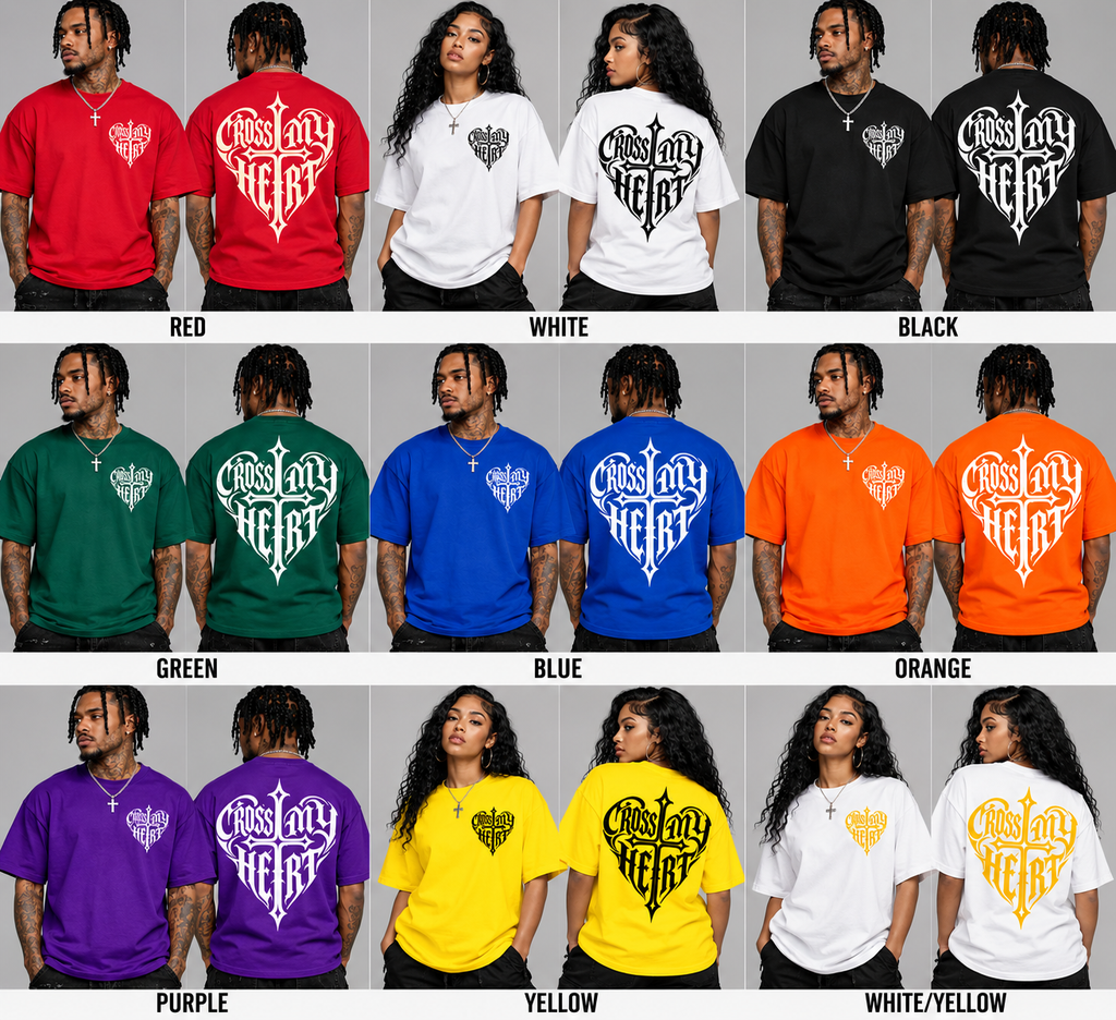 Cross My Heart tee colorways on models