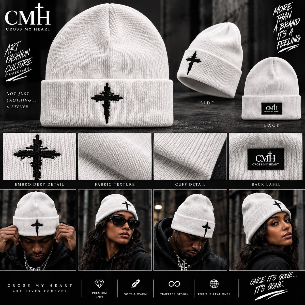 Cross My Heart white embroidered cross beanie