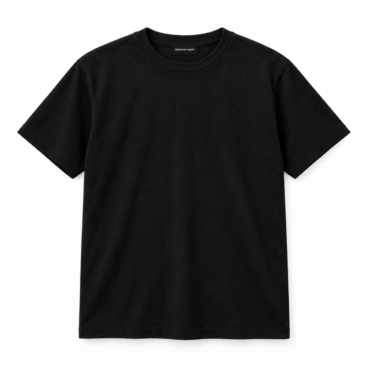 Cross My Heart essential black tee with branded neck tag
