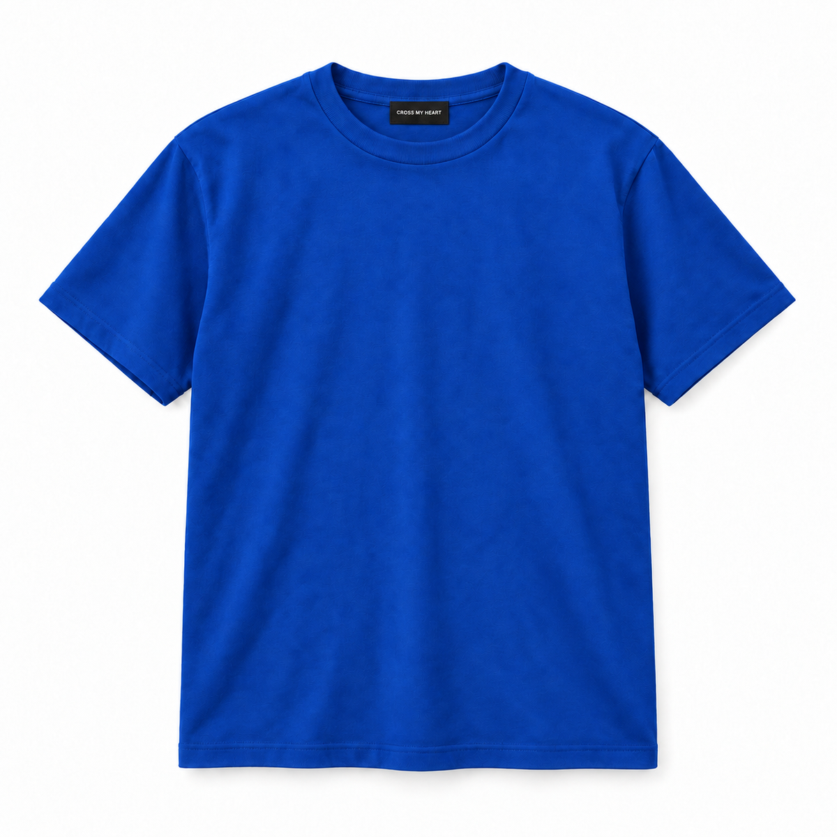 Cross My Heart essential blue tee with branded neck tag