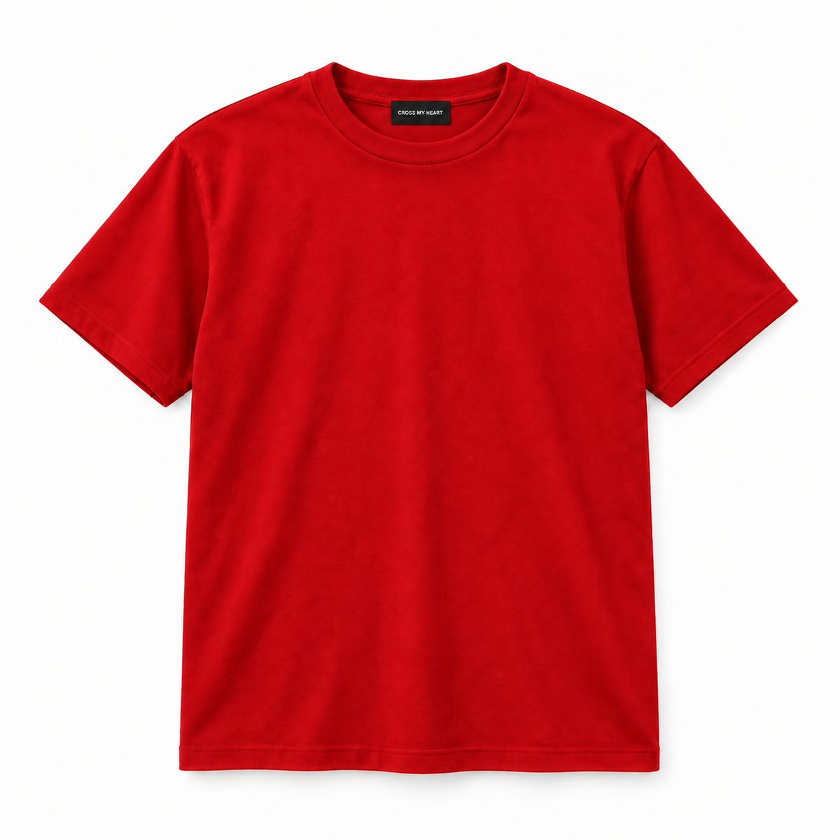 Cross My Heart essential red tee with branded neck tag
