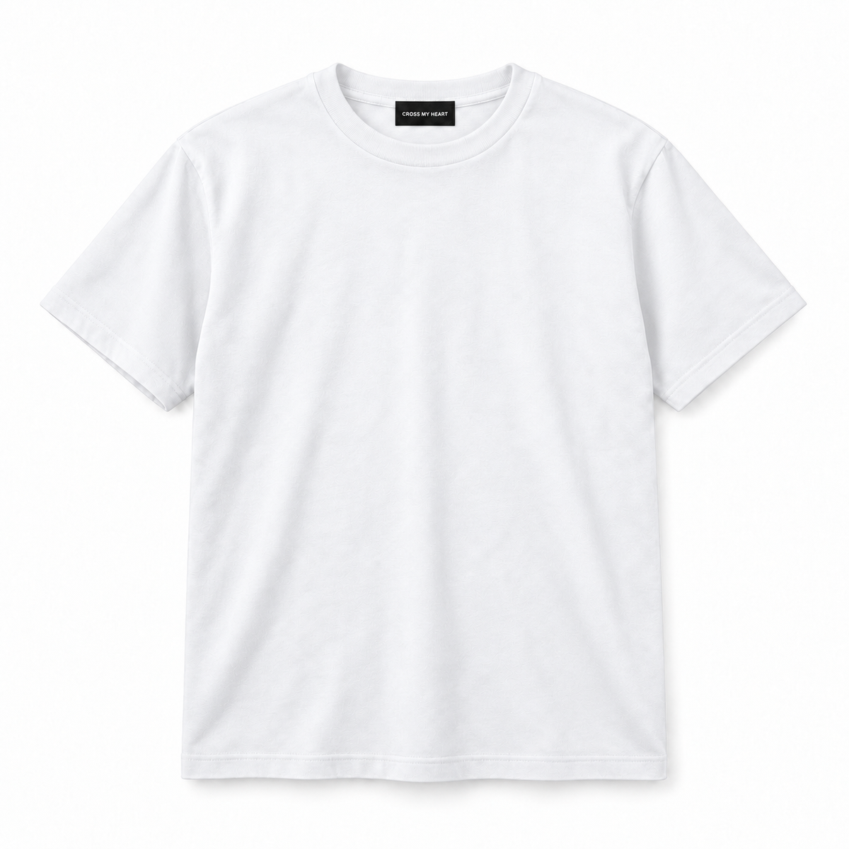 Cross My Heart essential white tee with branded neck tag