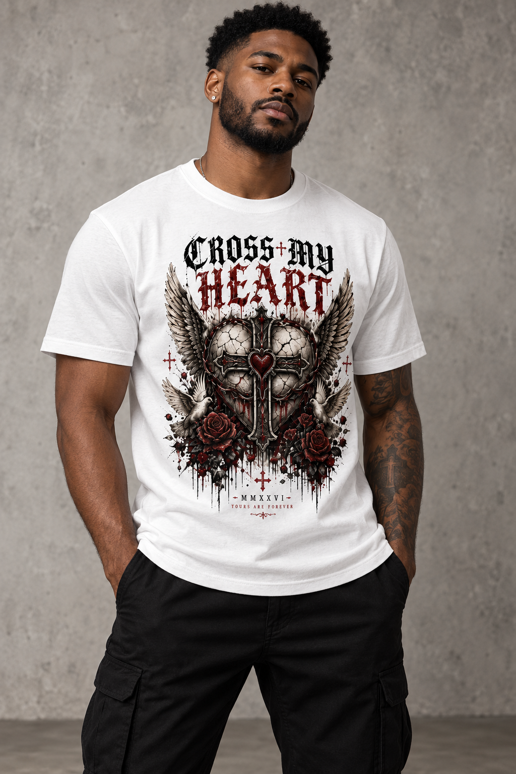Male model wearing the white Cross My Heart Not All Angels Have Wings graphic tee