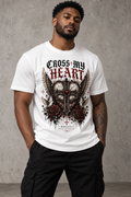 Male model wearing the white Cross My Heart Not All Angels Have Wings graphic tee
