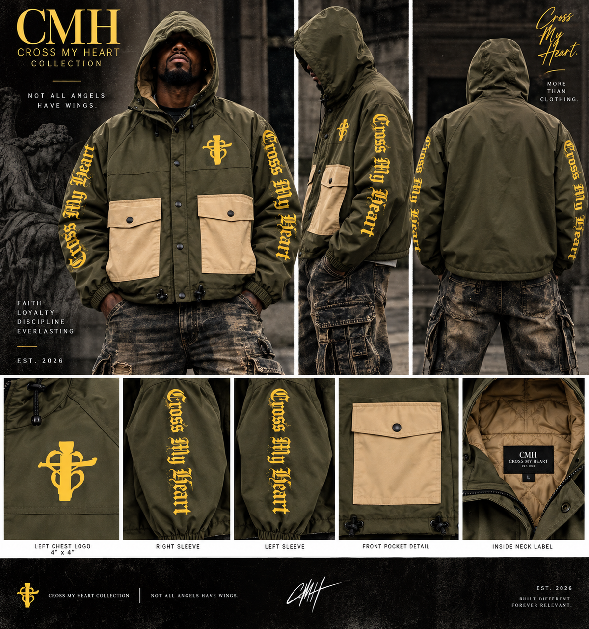 Cross My Heart olive utility jacket with yellow chest logo and sleeve graphics