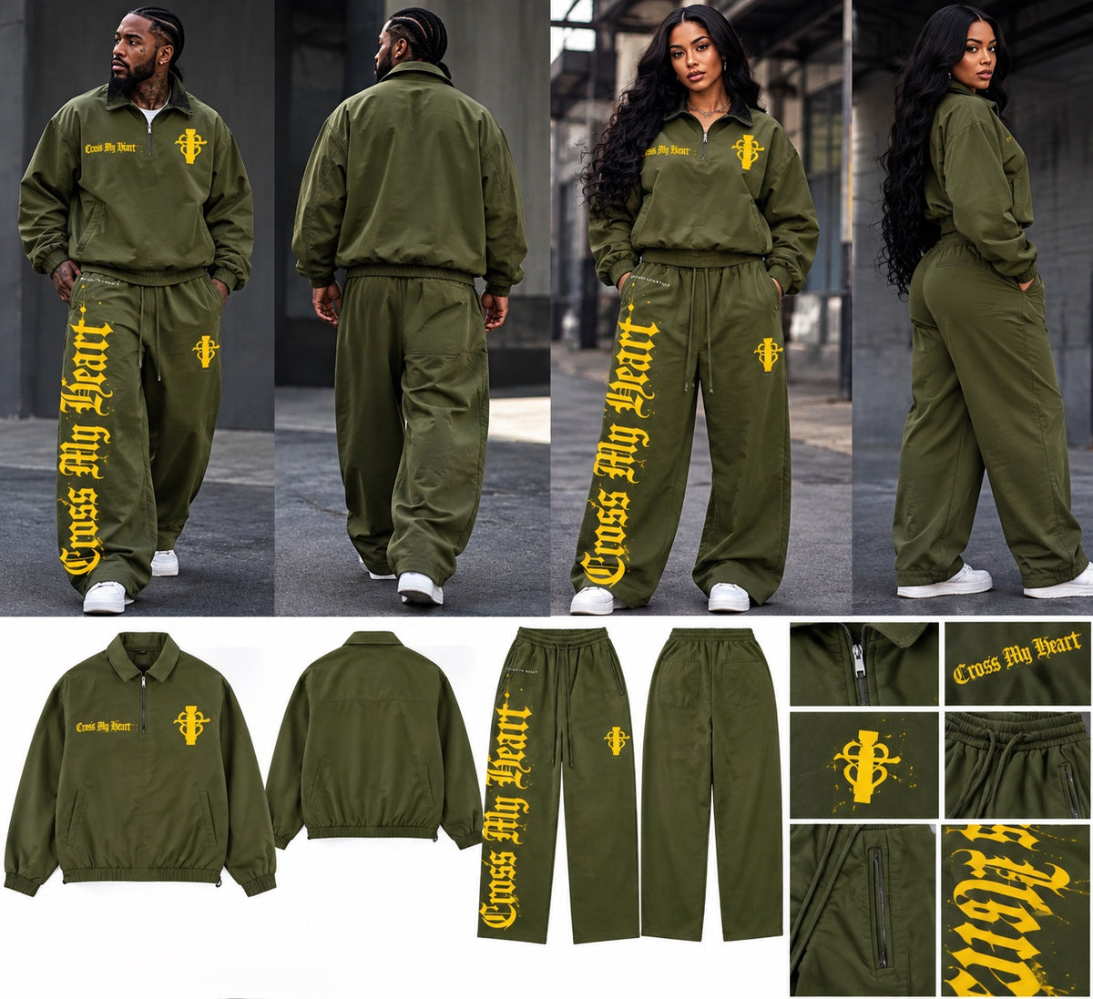 Cross My Heart olive green woven tracksuit front back and model views