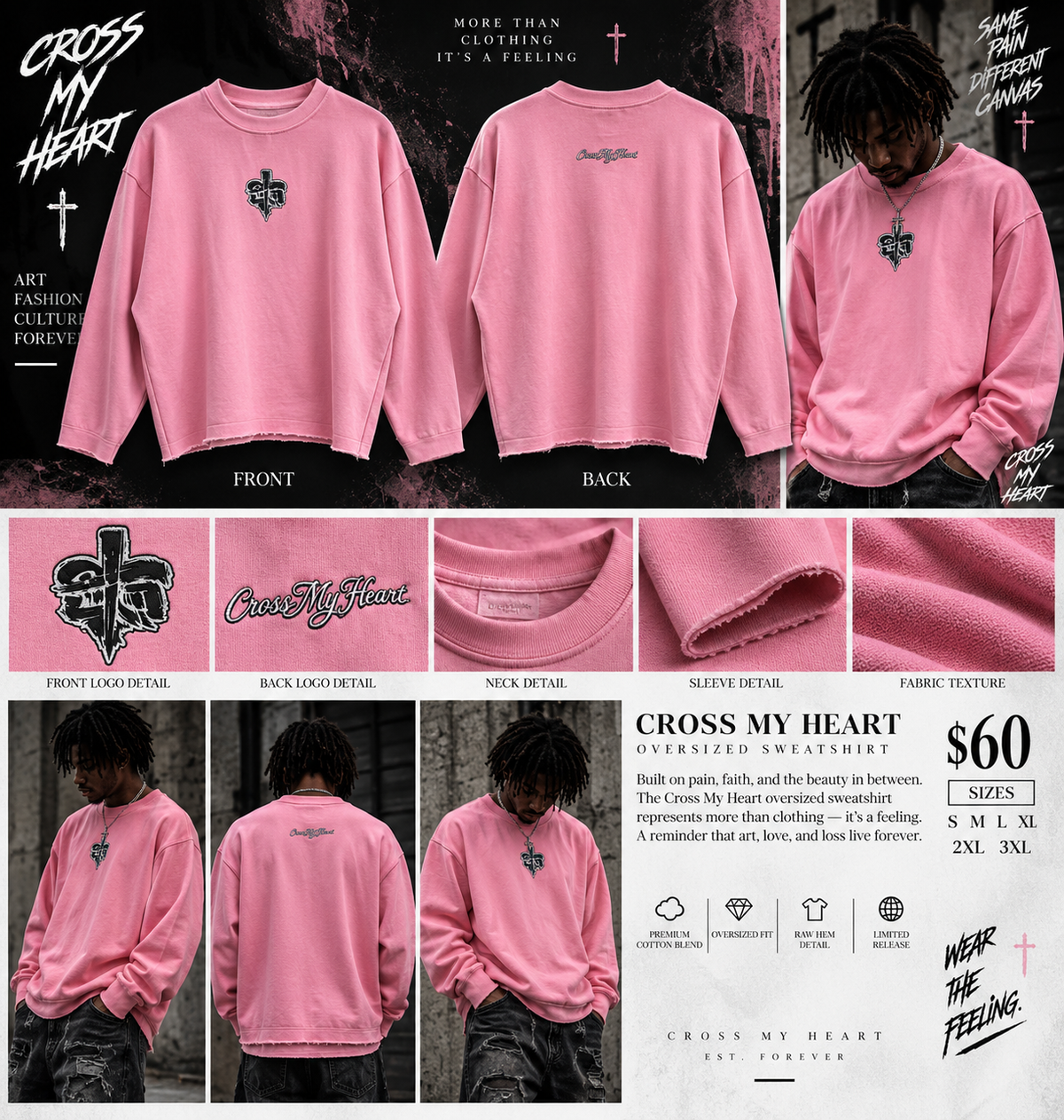 Cross My Heart pink oversized sweatshirt product and model lookbook