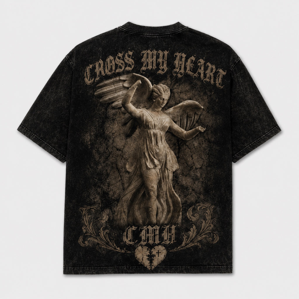 Cross My Heart black vintage wash tee back with angel statue artwork
