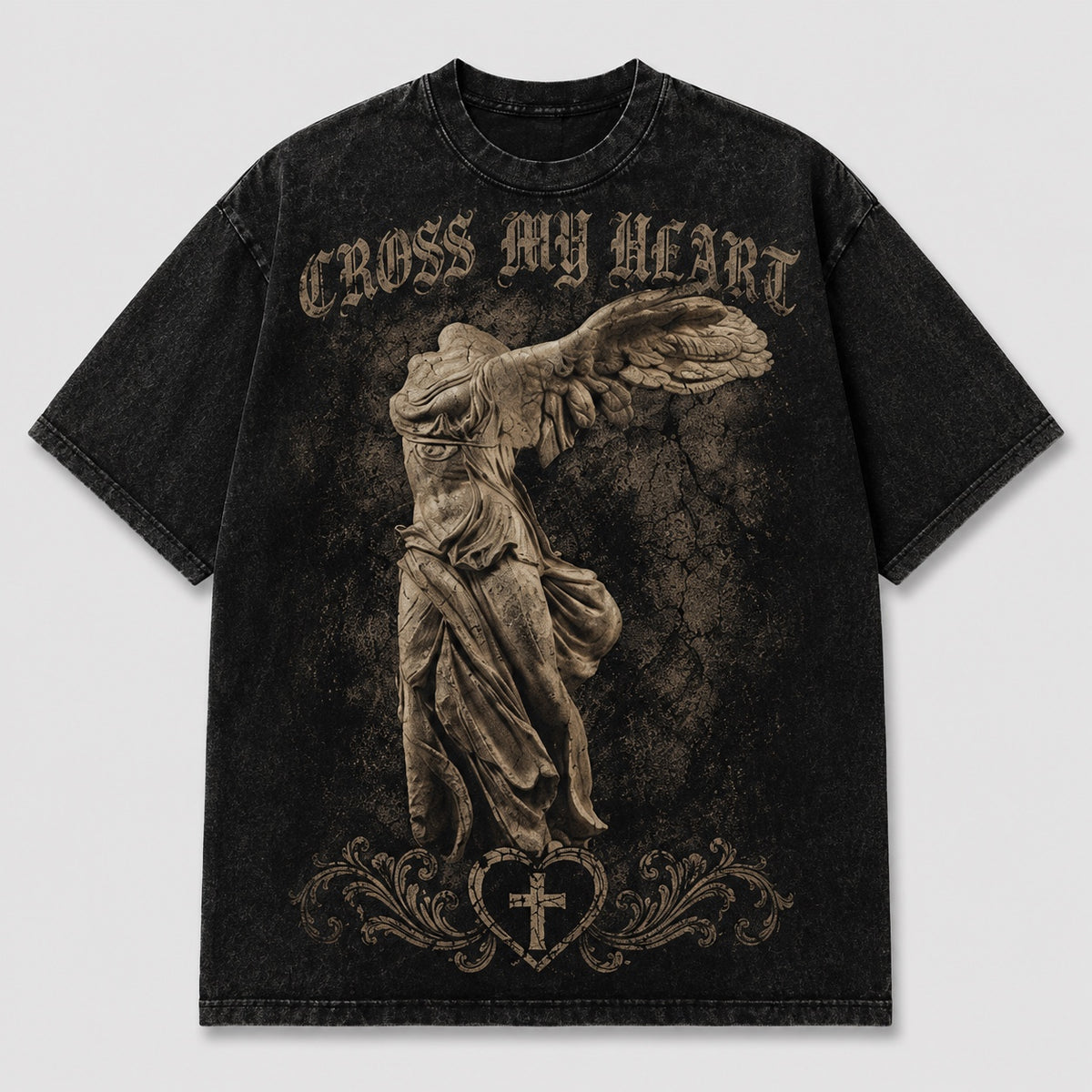 Cross My Heart black vintage wash tee front with winged statue artwork