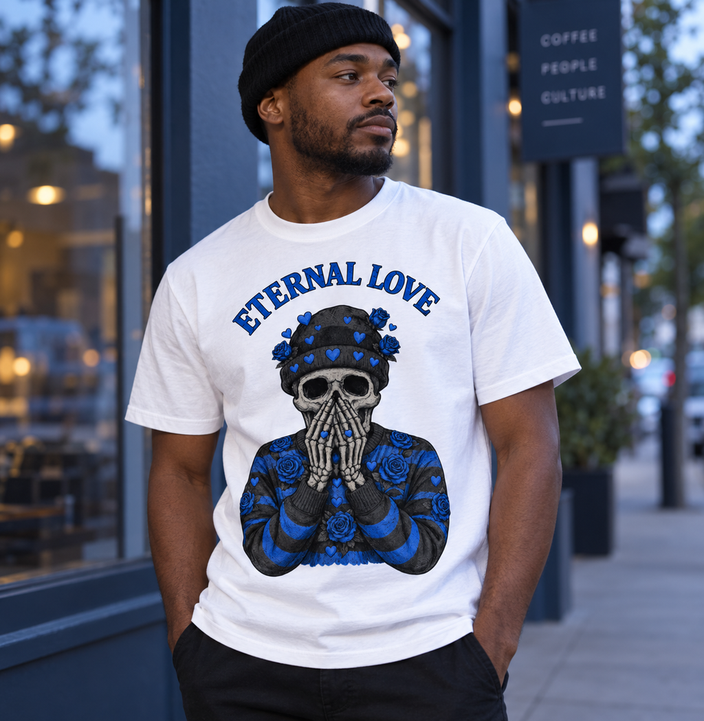 Male model outside a storefront in the white Eternal Love blue skull tee