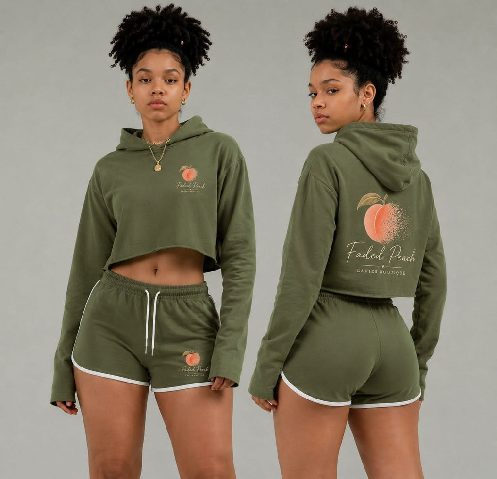 Faded Peach olive cropped hoodie and shorts set by Roland Washington